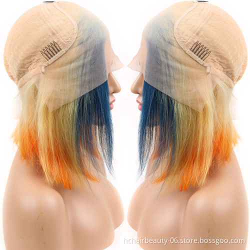 Blue/Orange/613 Blonde Lace Front Wig Ombre Straight Lace Front Wig Bob 13x4 Brazilian Short Human Hair Wigs Pre Plucked Remy